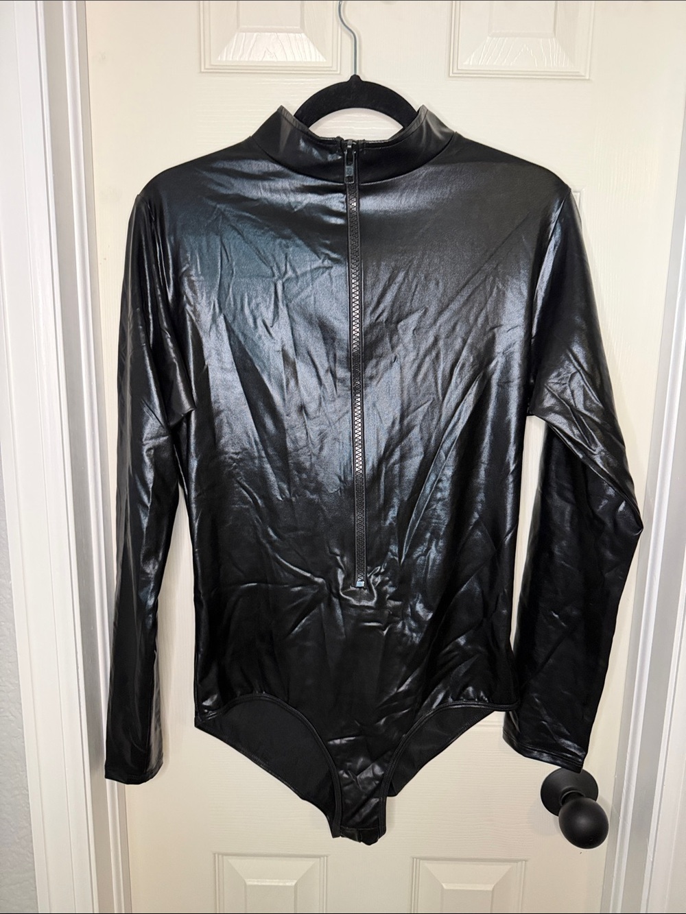 Black Faux Leather Long Sleeve Zip Bodysuit